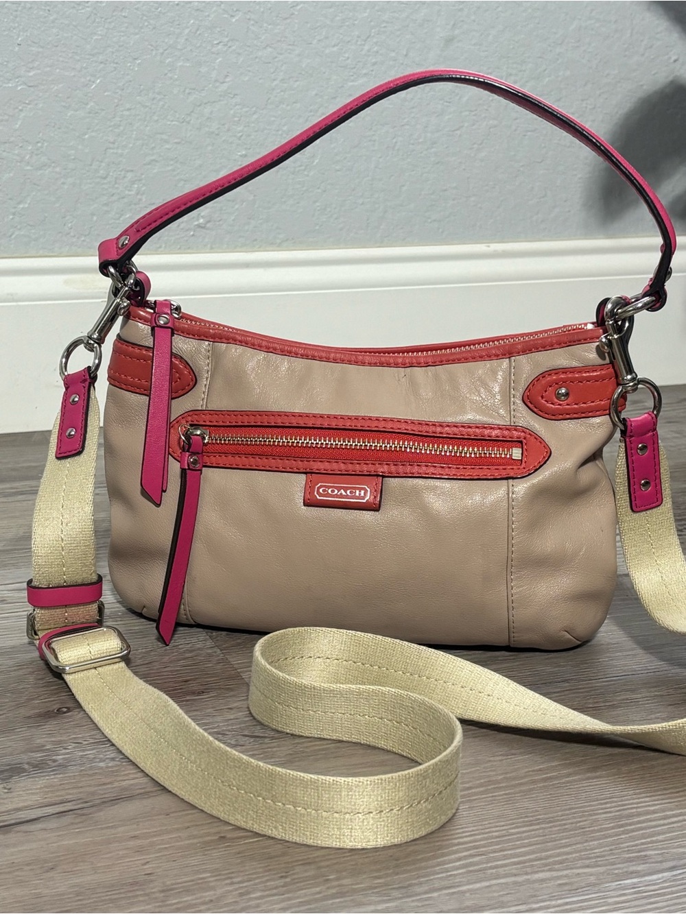 Coach Tan Leather Crossbody with Coral and Pink Trim